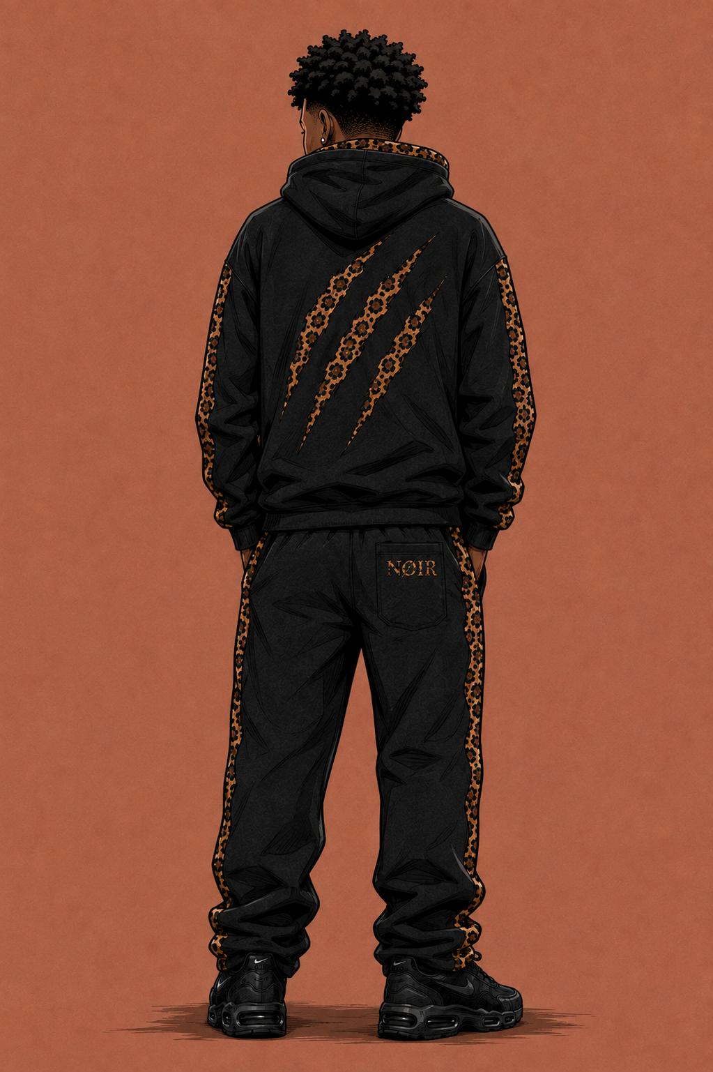 Illustration of the NØIR tracksuit, back view with claw marks